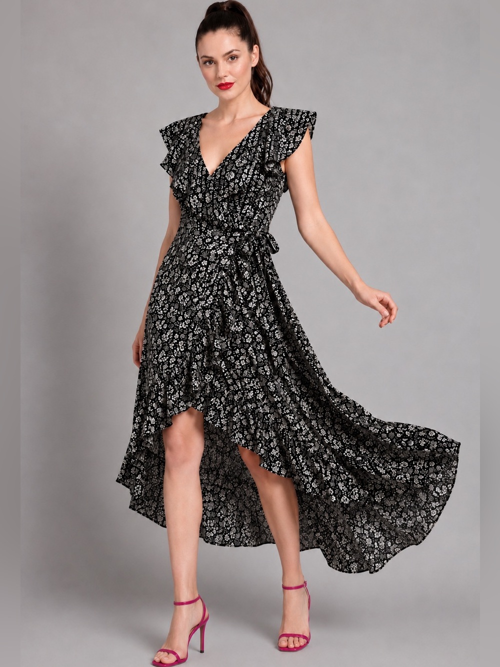 MAX STUDIO Black White Floral High-Low Wrap Dress XL Ruffle Flutter Sleeve NWOT